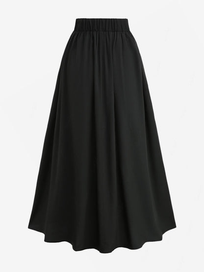 ROSEGAL Plus Size Women's Vintage Stretch High Waist Flared Midi Skirts with Pockets Black Casual Mock Buttons Layered Skirt 5XL