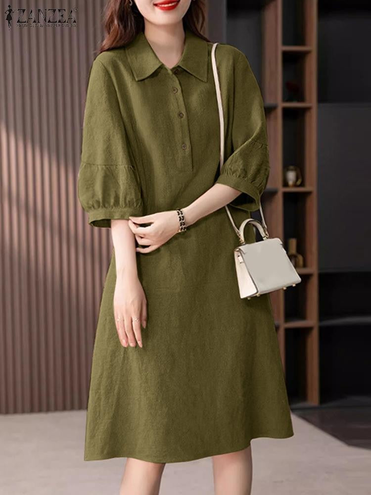 ZANZEA Women Cotton Shirt Dress 2024 Summer Lapel Neck Dresses Korean Office 3/4