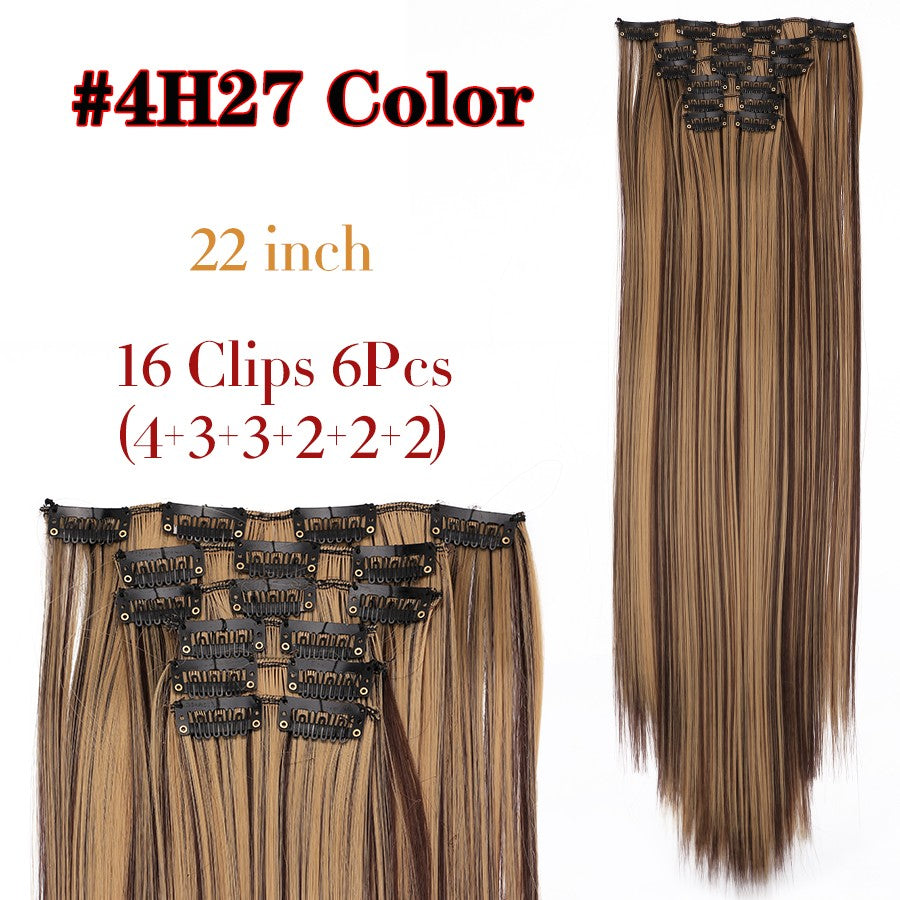 22 Polegadas Sintético Cabelo Liso Longo 16 Clipes 6 Peças/Conjunto Apliques de Cabelo Loiro Preto Resistente ao Calor Para Mulheres