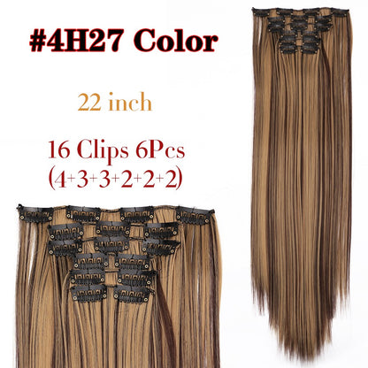 22 Polegadas Sintético Cabelo Liso Longo 16 Clipes 6 Peças/Conjunto Apliques de Cabelo Loiro Preto Resistente ao Calor Para Mulheres