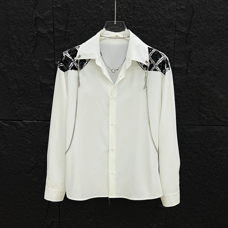 New high-end personalized metal chain design for men's long sleeved patchwork loose sequined shirt