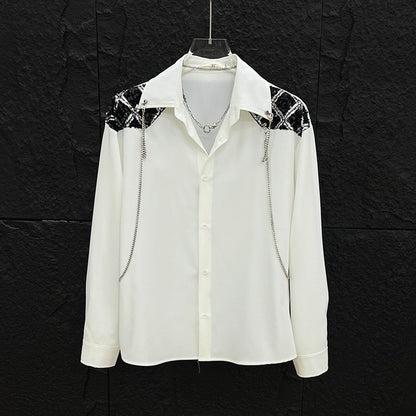 New high-end personalized metal chain design for men's long sleeved patchwork loose sequined shirt
