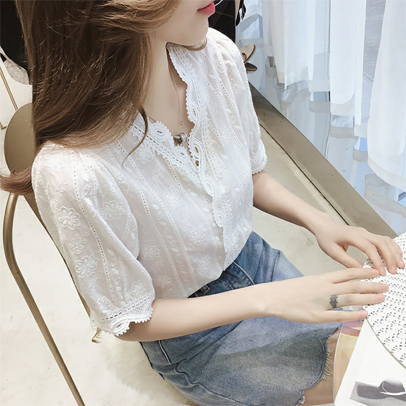 Women's Shirt Lace Hollow Out Sweet Loose White V-Neck Blouse Half Sleeves Solid Blouse Shirt