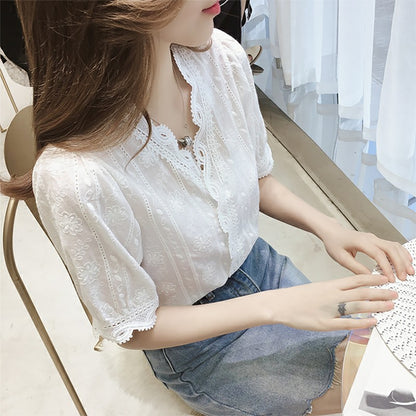 Women's Shirt Lace Hollow Out Sweet Loose White V-Neck Blouse Half Sleeves Solid Blouse Shirt