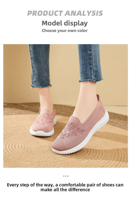 Women's Fashion Vulcanised Trainers 2025 Round Toe Breathable Flower Mesh Casual Flat Slip-On Women's Casual Vulcanised Shoes