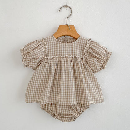 Girls Summer Fashion Set Children's Embroidered Grid Puff Sleeve Top+Shorts Two Piece Cute Baby Girls Clothes Set Baby Clothes