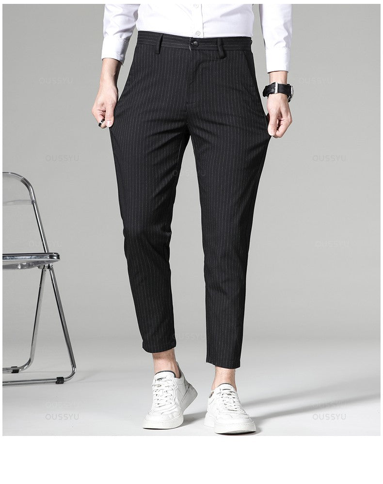 High Quality Plaid Stripe Ankle Length Pants Men Business Long Length Pant Straight Korea Grey Black Suit Formal Trousers Male