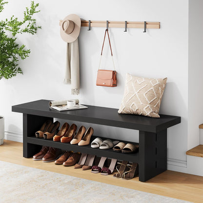 2 Tier Entryway Bench, 47.24" Shoe Bench, Rustic Shoe Rack, Wooden Storage Bench for Entryway Hallway Living Room Bedroom, Easy