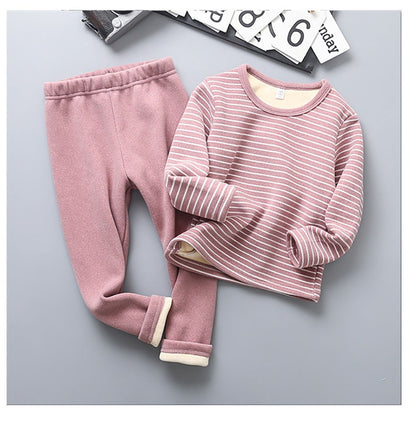 Autumn Winter Boys Girls Plush Striped Clothing Set Kids Cozy and Warm Sleepwear Pajamas Suitable for Children Daily Wear