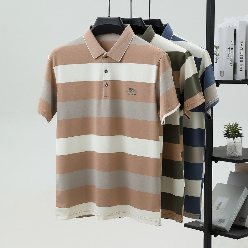 luxury wide stripe color blocked short sleeve polo shirt high-end brand letter embossed T-shirt fashion breathable men's wear
