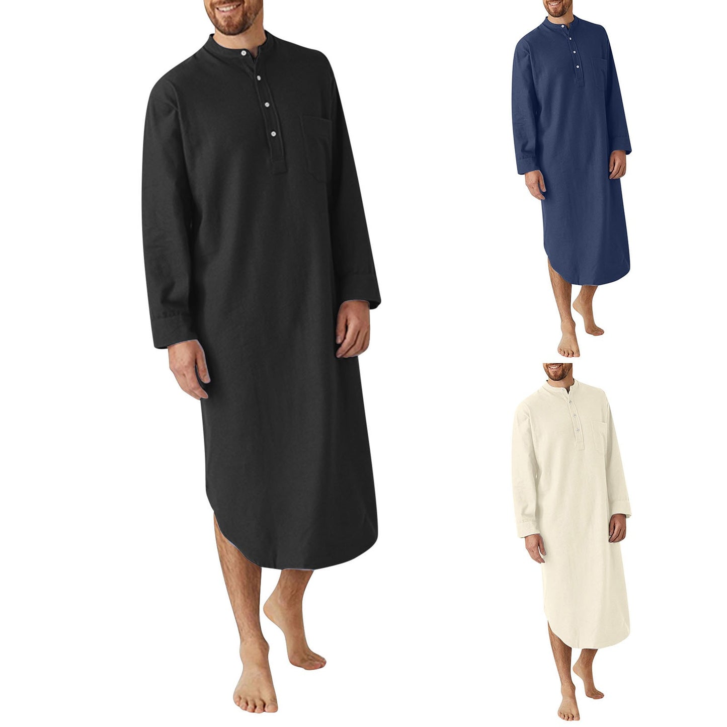 Men's Cotton Button-down Sleep Robe Solid Color Stand Neck Long Sleeve Nightgown Fashion Comfortable Home Wear Loose Bathrobe