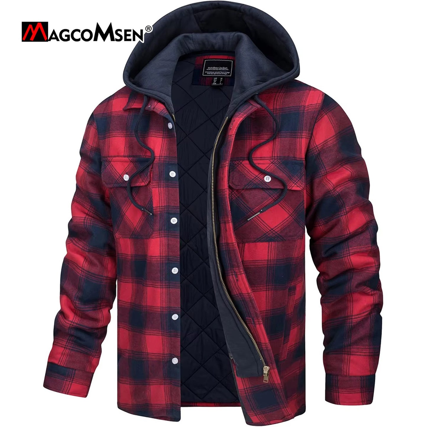MAGCOMSEN Men's Flannel Jacket with Removable Hood 5 Pockets Plaid Quilted Lined Winter Coats Thick Hoodie Outwear Fleece Jacket