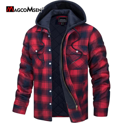 MAGCOMSEN Men's Flannel Jacket with Removable Hood 5 Pockets Plaid Quilted Lined Winter Coats Thick Hoodie Outwear Fleece Jacket
