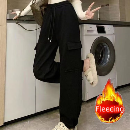Winter Thick Fleece Women's Pants Casual Matching Cargo Pants Chic Sportswear Drawstring Straight Pants Lady's Trousers Pocket
