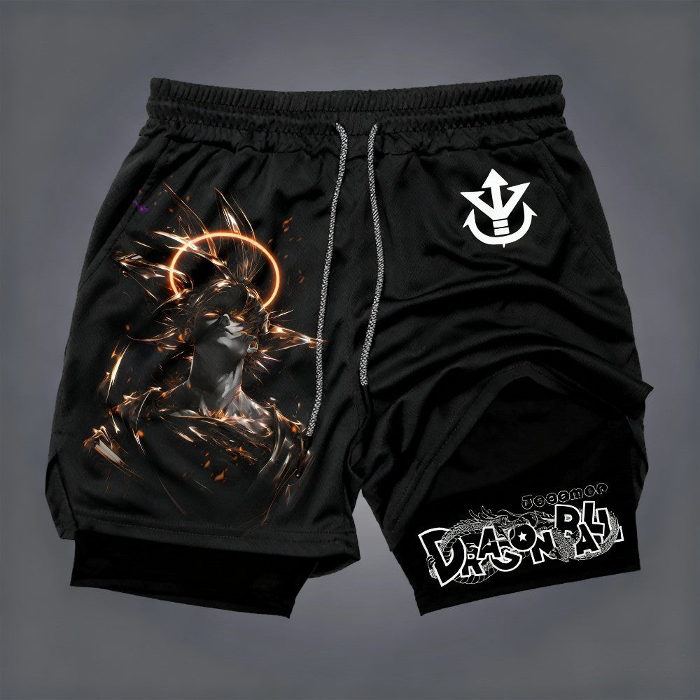 Dragon Ball Men's Double-layer Shorts Son Goku Summer Japanese Anime Fake Two-piece Sports Fitness Quick-drying Shorts