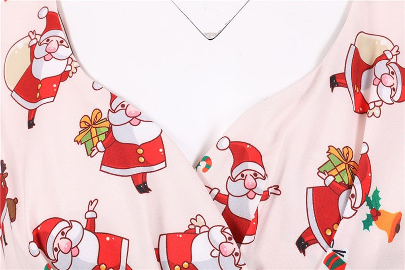 Fashion V-neck Short Sleeve Printed Christmas Dress Large Swing Vintage Elegant Xmas Party Dress