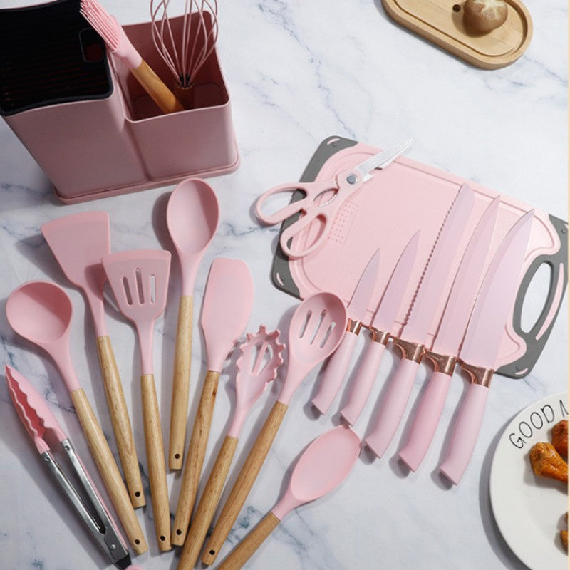 Conjunto de utensílios de cozinha de silicone, 19 peças com cabo de madeira, espátula, panela antiaderente e balde de armazenamento de facas multiuso integrado