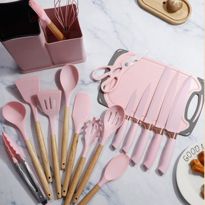 Conjunto de utensílios de cozinha de silicone, 19 peças com cabo de madeira, espátula, panela antiaderente e balde de armazenamento de facas multiuso integrado