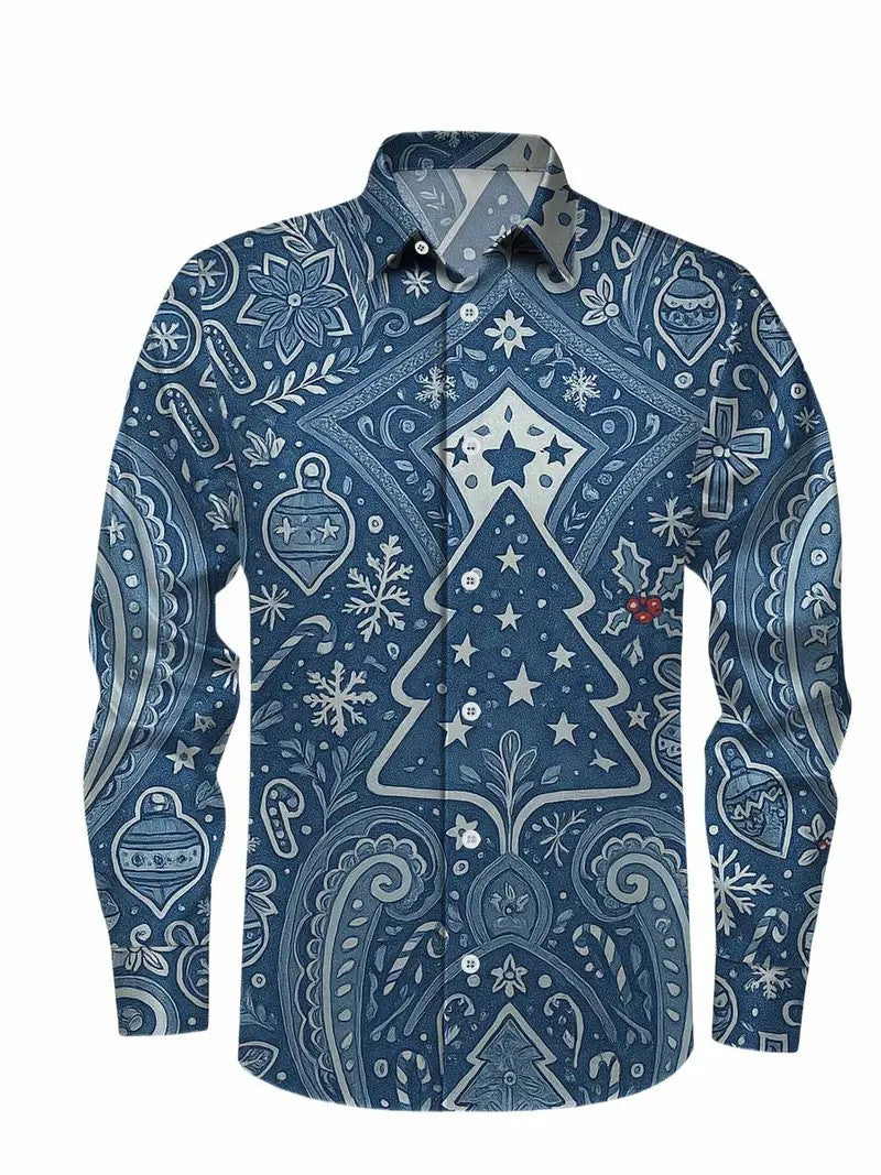 Christmas themed men's 3D hat printed formal shirt, Christmas pattern long sleeved shirt, fashionable men's shirt
