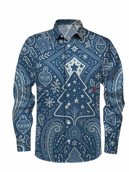 Christmas themed men's 3D hat printed formal shirt, Christmas pattern long sleeved shirt, fashionable men's shirt