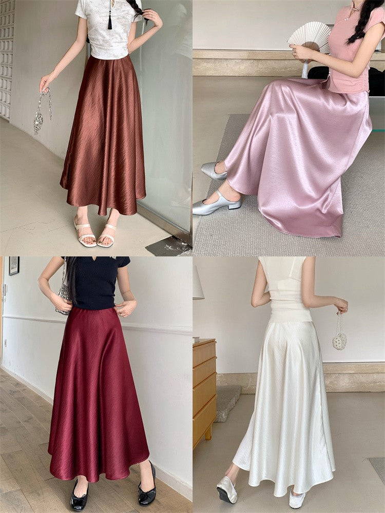 Plus Size Satin Half-Body Skirt Female 2026 Spring New Korean Fashion Temperament Elegant Solid Casual A-line Skirts