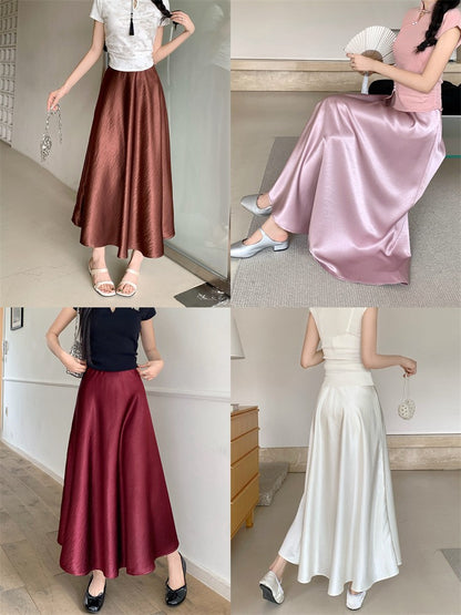 Plus Size Satin Half-Body Skirt Female 2026 Spring New Korean Fashion Temperament Elegant Solid Casual A-line Skirts