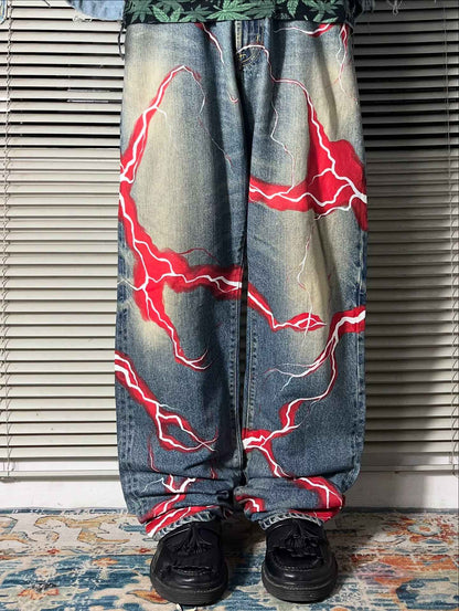retro y2k gothic lightning graphic jeans wide legs loose loose hip-hop street style men and women fashion clothing