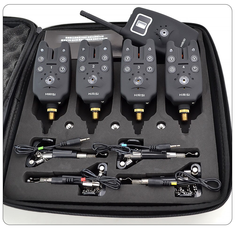 Alarme de picada de pesca sem fio conjunto 1+4 com 4 indicadores de picada luminosos em estojo EVA para pesca de carpas B1203S