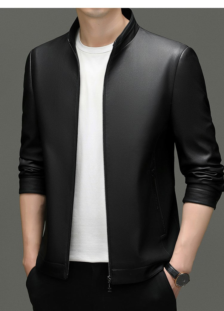 Leather Fashion Handsome Trend Solid Color High Quality Male Stand Collar Dad Father Middle-aged Leather Autumn and Winter Coat