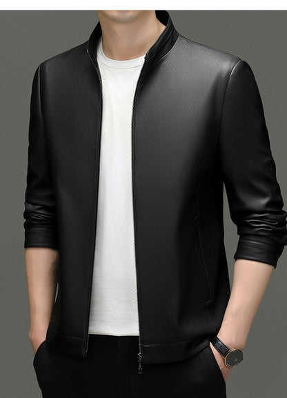 Leather Fashion Handsome Trend Solid Color High Quality Male Stand Collar Dad Father Middle-aged Leather Autumn and Winter Coat