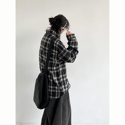 Japanese Cargo Shirt Men Women Vintage Black White Checkered Loose Long-sleeved Tops Spring Casual Lapel Unisex Oversize Shirts