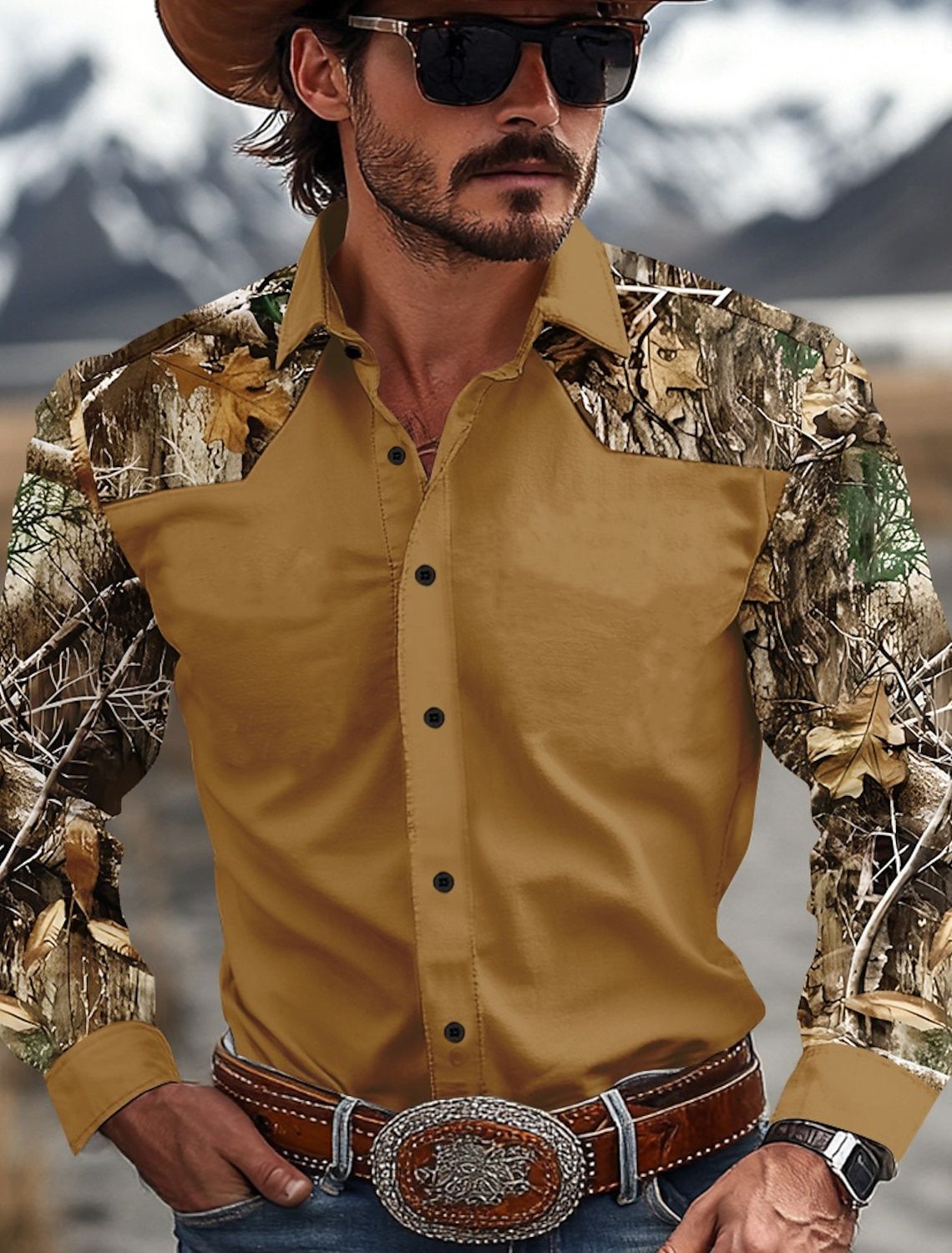 Men's Camouflage Western Shirt Denim Shirt Long Sleeve Western Casual Outdoor Spring and Autumn Lapel Black Brown Green Khaki