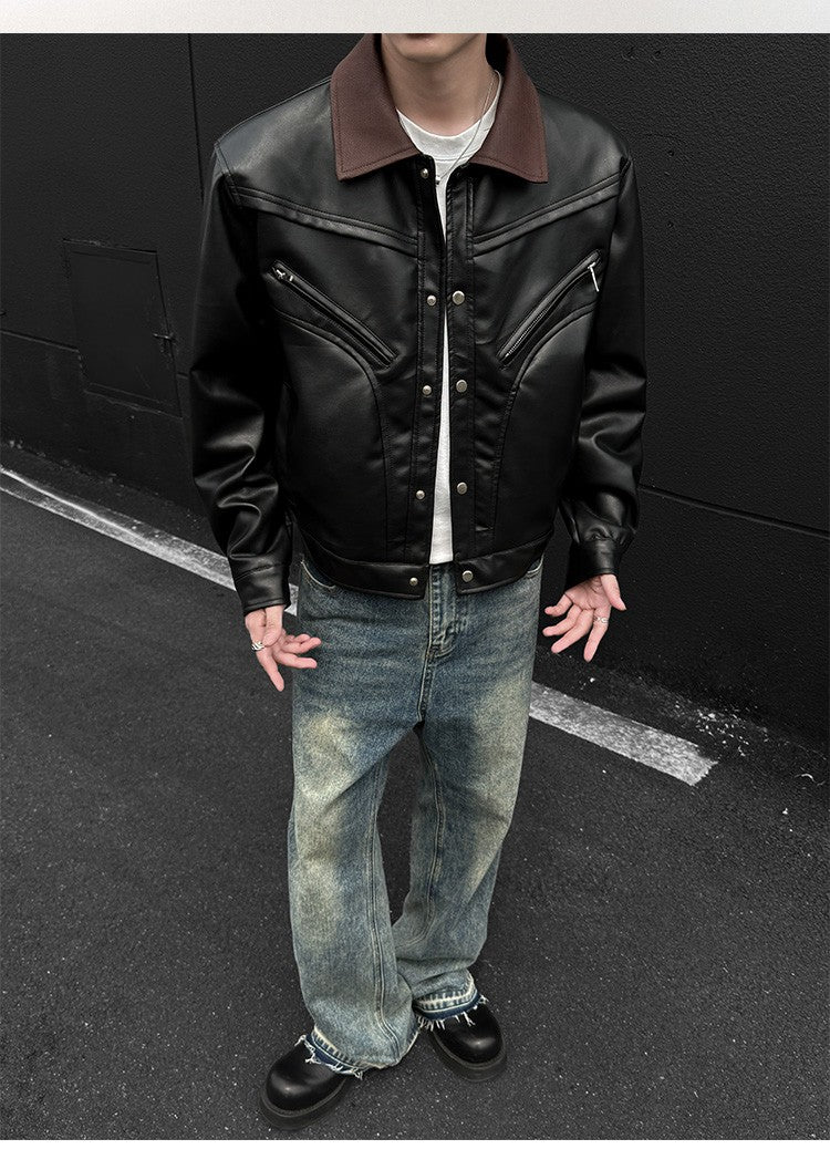 Mens Leather Jacket Biker Jacket PU Leather 2025 New Windproof Stand Collar Single Breasted Short Coat Slim Fit Mens Jacket