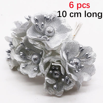 6PC Artificial Flowers Wedding Bouquet Scrapbook Christmas Decoration Wreath Home Garden Silk Stamen Tea Roses Bud Diy Gift Box