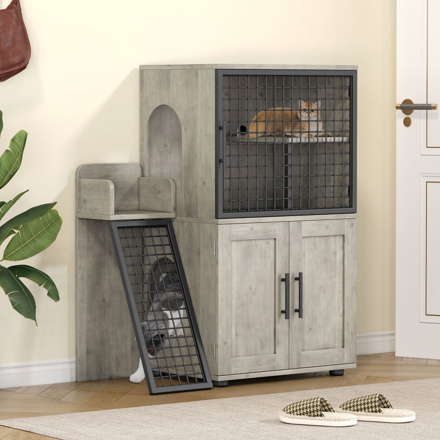 Caixa de Areia para Gatos Oculta com Plataforma, Móvel para Gatos de Camada Dupla, Móvel para Banheiro de Gatos, Casinha de Gatos com Escada