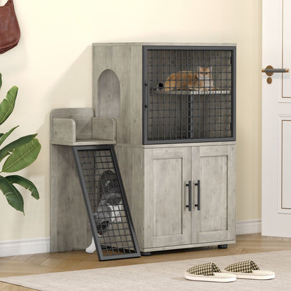 Caixa de Areia para Gatos Oculta com Plataforma, Móvel para Gatos de Camada Dupla, Móvel para Banheiro de Gatos, Casinha de Gatos com Escada