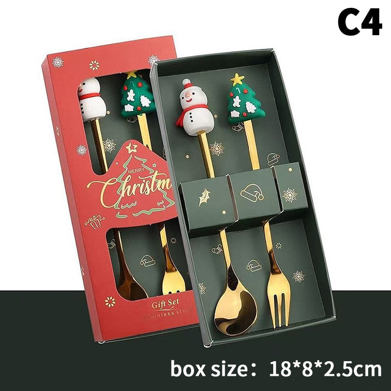 Stainless Steel Christmas Fork And Spoon Set with Gift Box for Coffee Tea Dessert Tableware