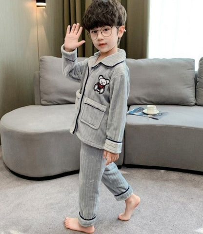 Boys Autumn Winter Thickened Flannel Coral Fleece Pajama Set Warm Kids Sleepwear Homewear