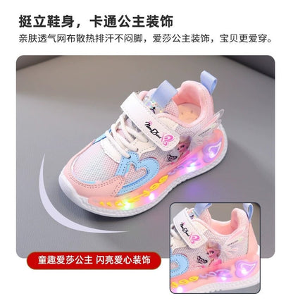 Disney Children Led Shoes Kids Girls Sneakers Frozen Elsa Princess Lighting Shoes Pink Purple Casual Sports Shoes Size 21-31