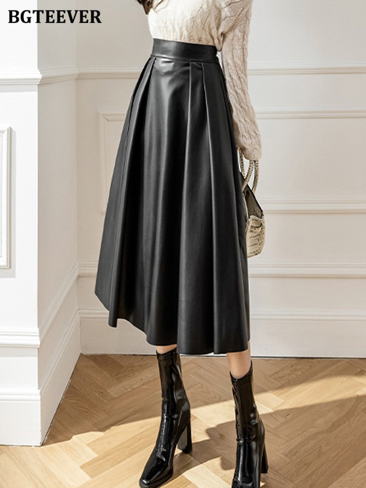 BGTEEVER Spring Autumn Loose PU Leather A-line Skirts Women Elegant High Waist Pleated Faux Leather Skirts Female