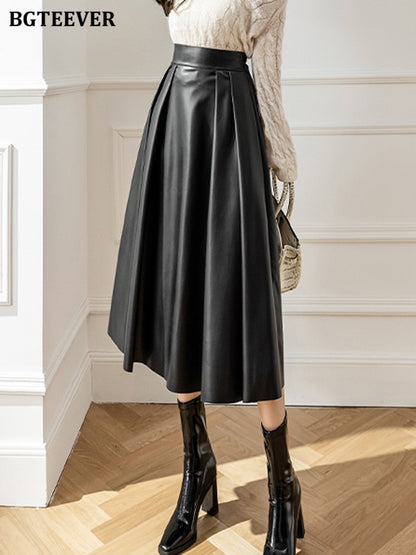 BGTEEVER Spring Autumn Loose PU Leather A-line Skirts Women Elegant High Waist Pleated Faux Leather Skirts Female