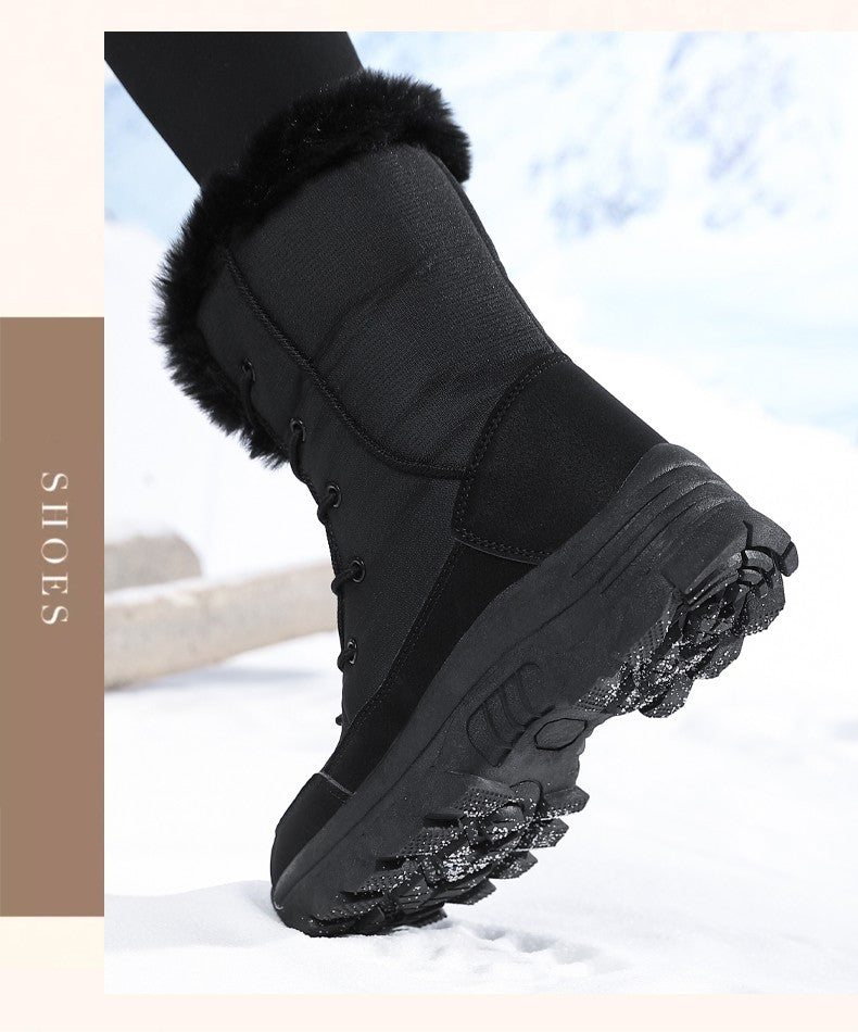 2025 Women's Snow Boots Beige Lace-up Waterproof Antiskid Female New Ankle Boots Walking Shoes plush Winter Warm Mid-Calf Boots