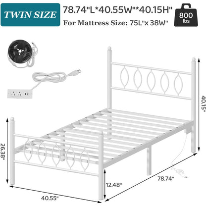 Estrutura de Cama de Plataforma de Metal Branco Tamanho Twin com Cabeceira, Estação de Carregamento, Luzes LED e Armazenamento de 30 cm Debaixo da Cama