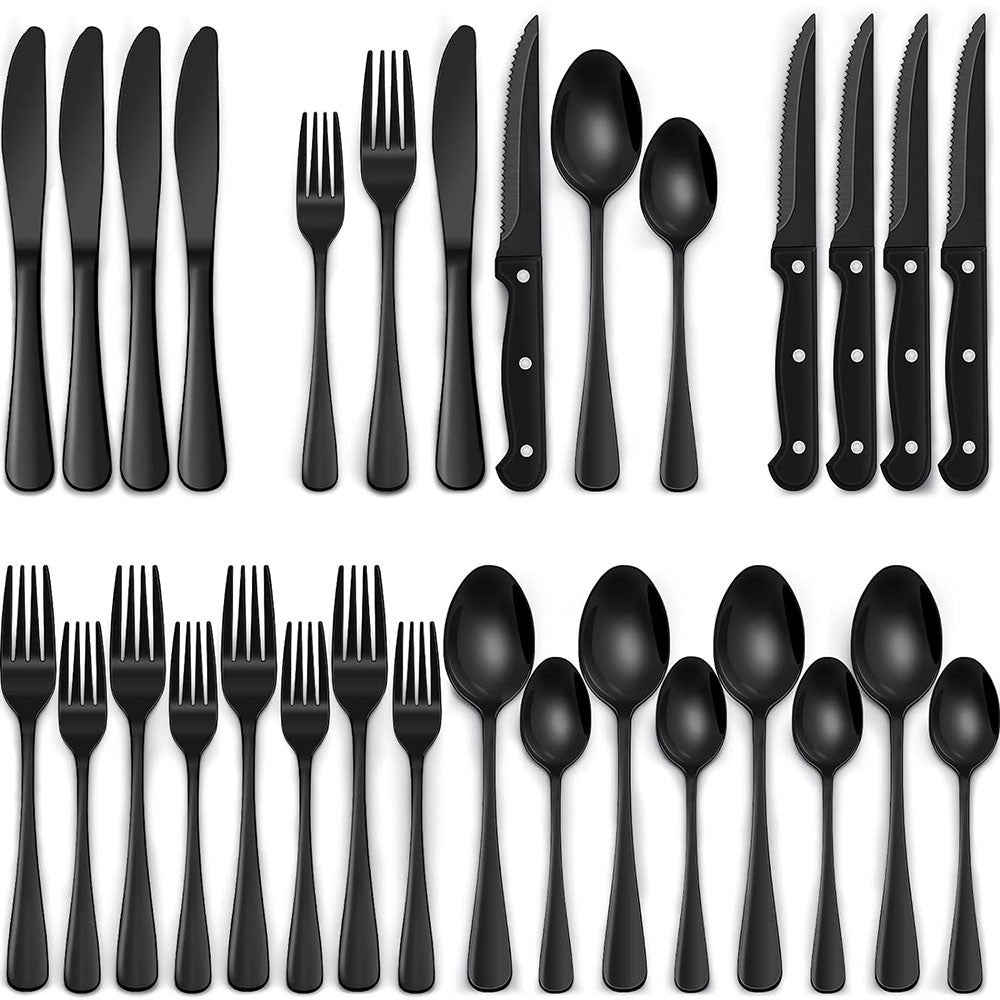 Conjunto de Talheres Pretos com Facas de Carne, Conjunto de Talheres para 4 Pessoas, Louça de Grau Alimentício, Conjunto de Talheres, Conjunto de Utensílios com Acabamento Espelhado