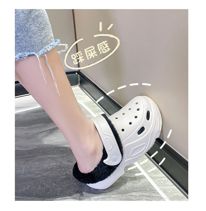 Plush slippers 2025 new winter men's and women's thick high heels soft-soled beach garden shoes home plush ripped slippers