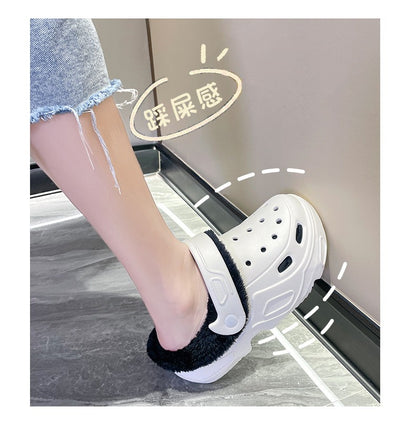 Plush slippers 2025 new winter men's and women's thick high heels soft-soled beach garden shoes home plush ripped slippers