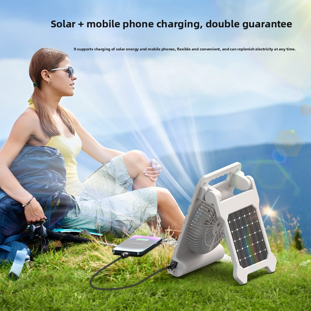 Powered Camping Solar Fan - Portable Rechargeable Handheld Fan with LED Light, Power Bank for Outdoor, Fishing, and Wild Camping