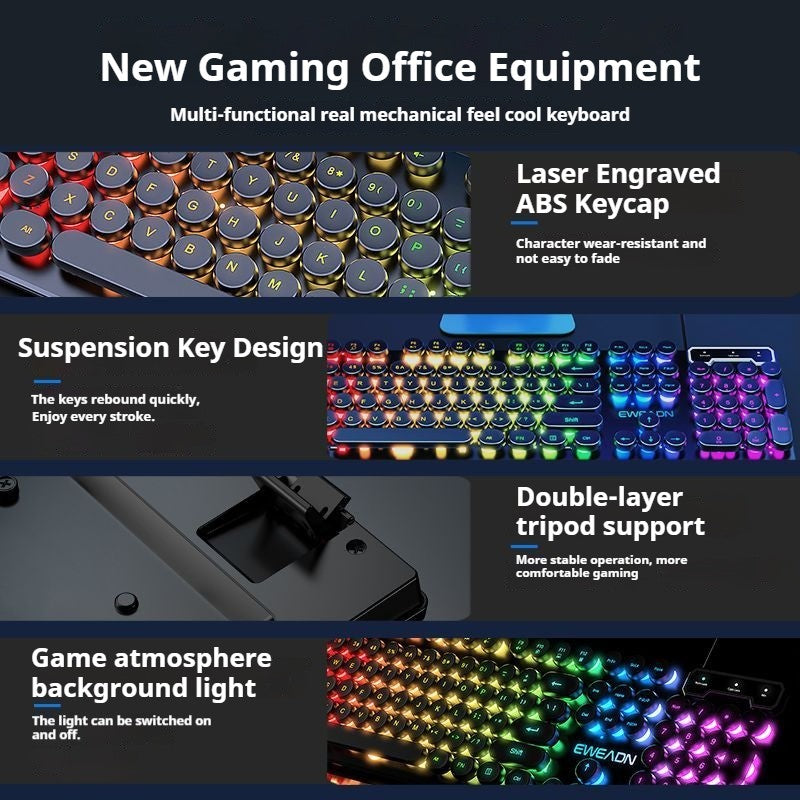 Teclado Gamer EWEADN GX330 Typewriter, 104 Teclas Retro Punk com Teclas Redondas com Fio, com Luz de Fundo RGB, para PC Laptop Windows preto