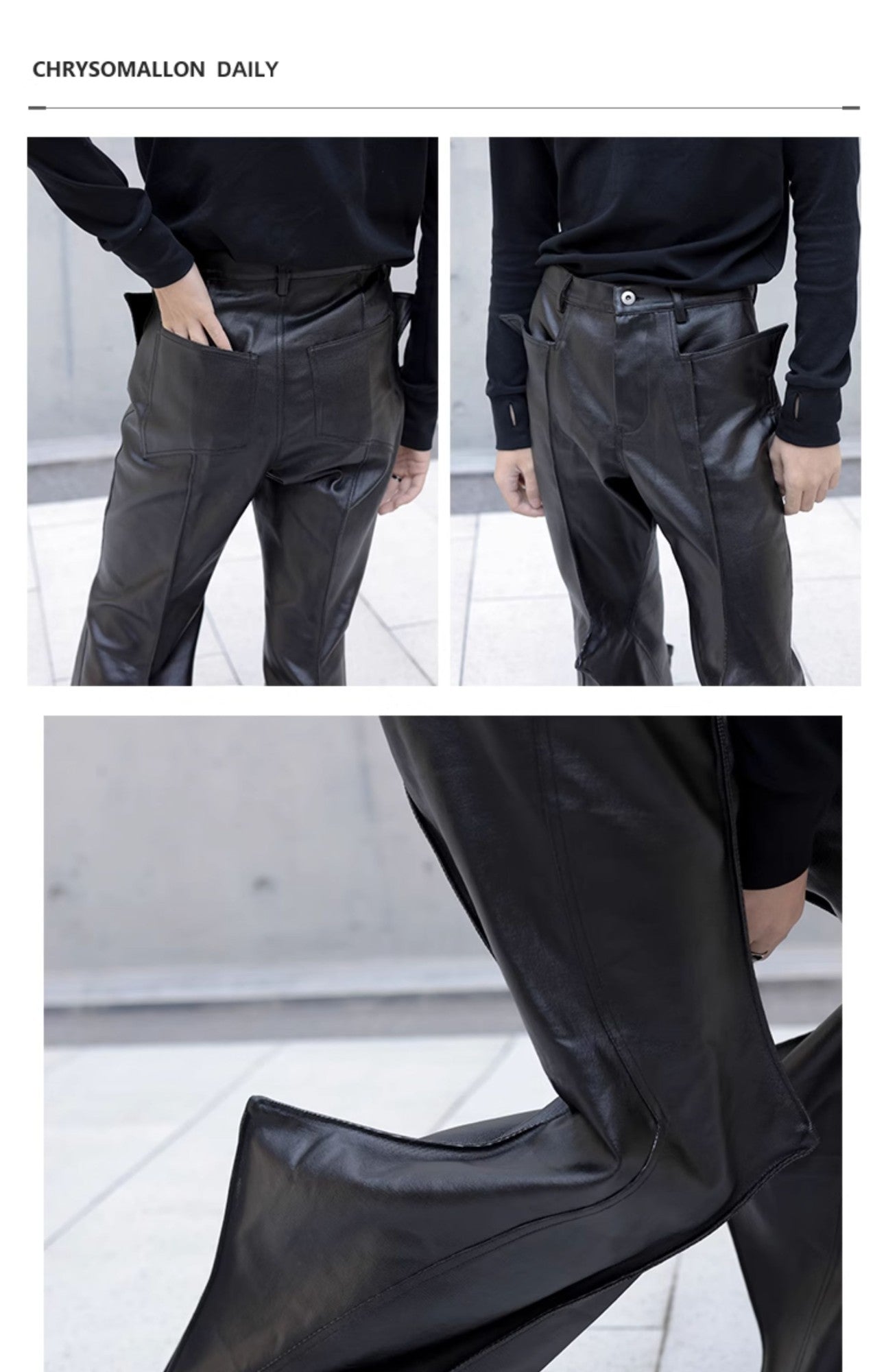 Mauroicardi Autumn Long Black Waterproof Hard Pu Leather Flare Pants Men Cool Luxury Designer Clothes Streetwear Runway Fashion