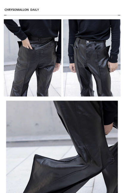 Mauroicardi Autumn Long Black Waterproof Hard Pu Leather Flare Pants Men Cool Luxury Designer Clothes Streetwear Runway Fashion